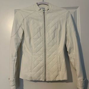 Ivory zip front faux leather jacket with pockets and snap tab sleeve detail